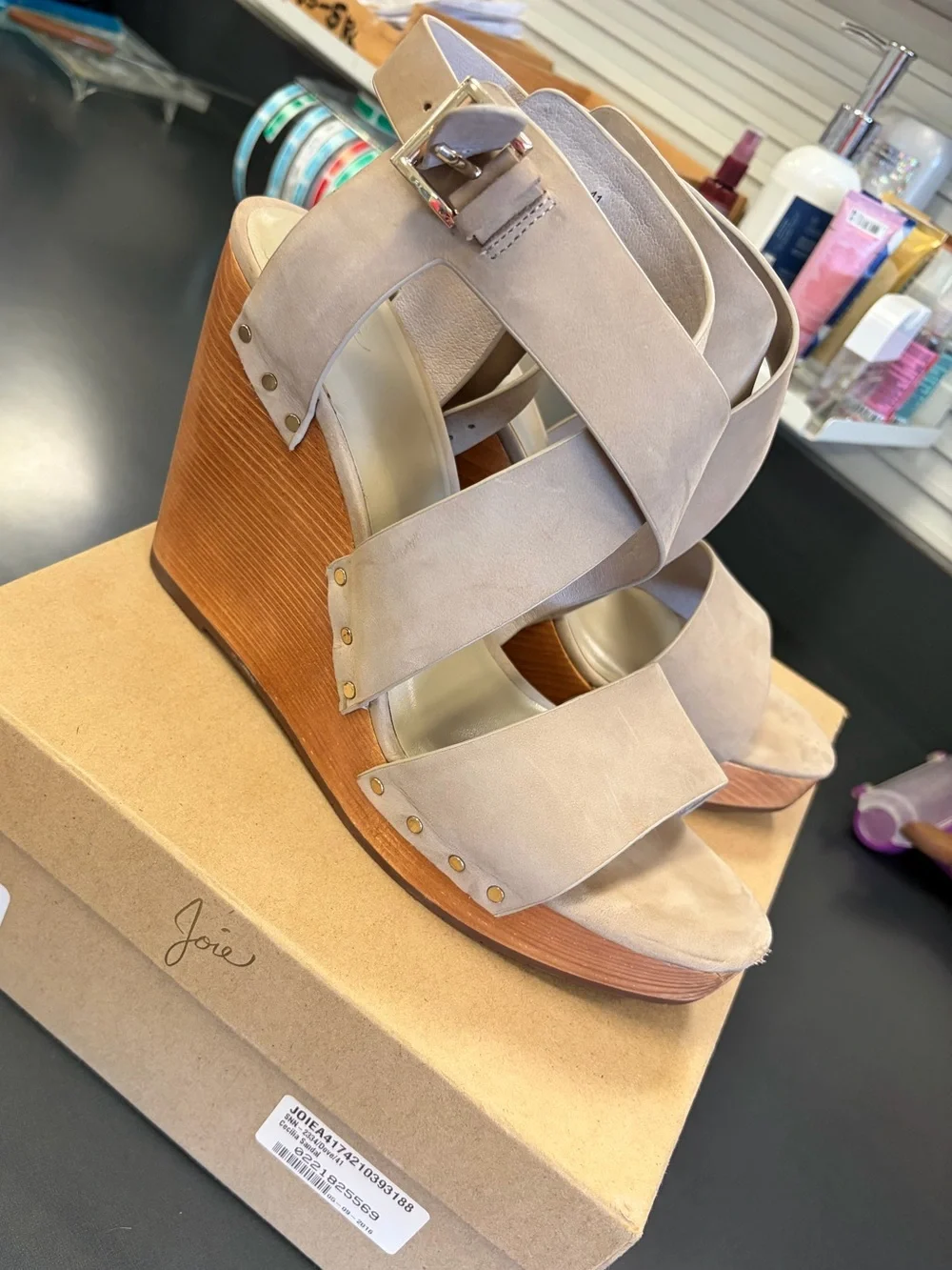 Joie Taupe Leather Strappy Wedge Sandals, size 10
